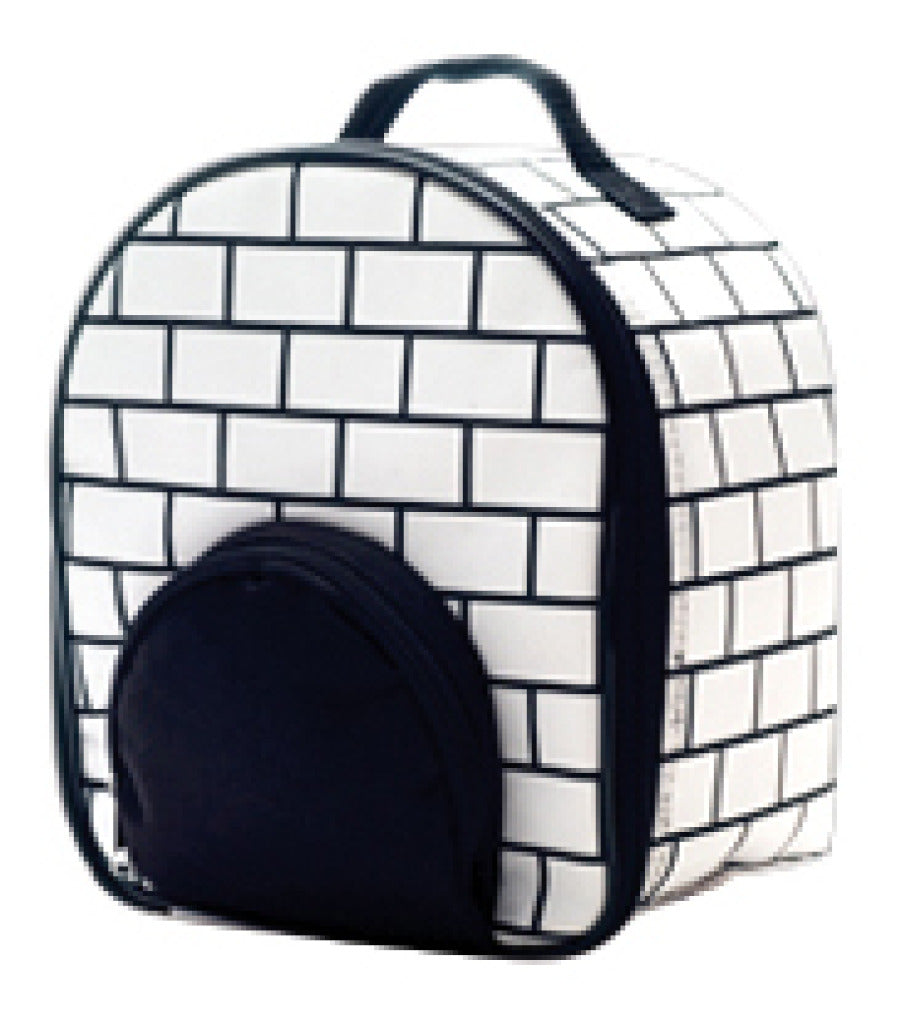 Drive Medical Penguin Pediatric Compressor Nebulizer carrying case backpack in white brick pattern with front pocket
