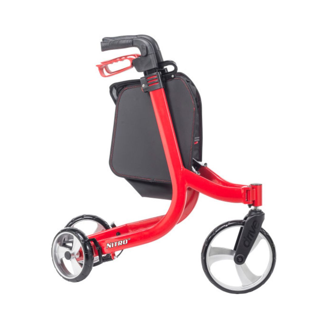 Drive Medical Nitro 3 Wheel Rollator RTL10266TWHL in red with a sleek design
