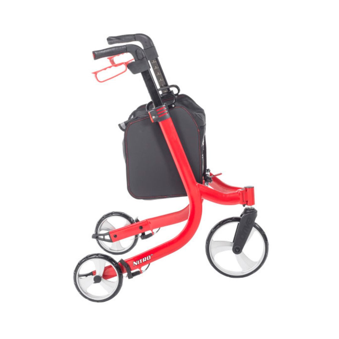 Drive Medical Nitro 3 Wheel Rollator RTL10266TWHL in red with a storage bag
