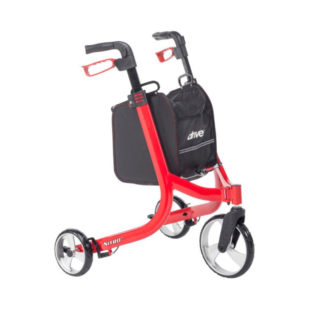 Drive Medical Nitro 3 Wheel Rollator RTL10266TWHL in red with a folding design