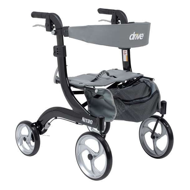 Drive Medical Nitro Aluminum Rollator Hemi Height with four wheels and padded seat in gray and black