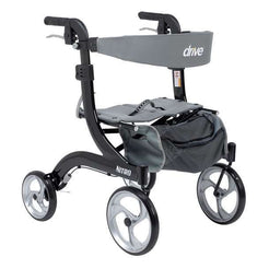 Drive Medical Nitro Aluminum Rollator Hemi Height with four wheels and padded seat in gray and black
