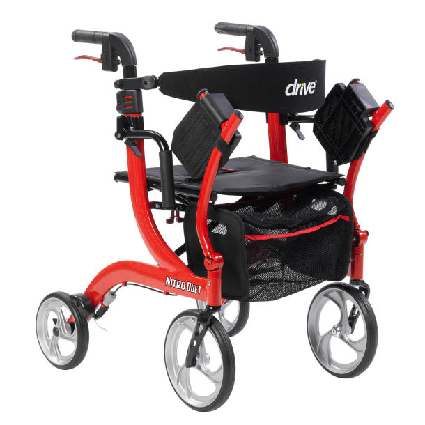 Drive Medical Nitro Duet Rollator and Transport Chair in red with black seat and storage bag