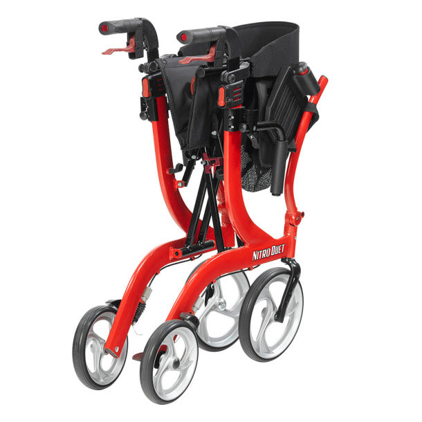 Drive Medical Nitro Duet Rollator and Transport Chair in red folded for easy storage and transport