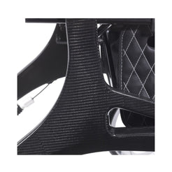 Close-up of carbon fiber frame and black quilted seat bag on Nitro Elite CF Carbon Fiber Walker Rollator by Drive Medical
