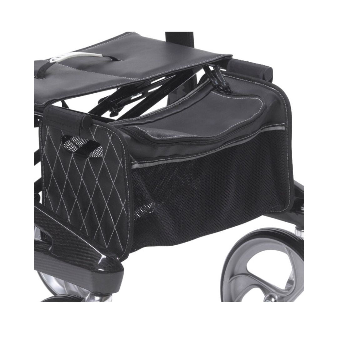 Drive Medical Nitro Elite CF Carbon Fiber Walker Rollator black storage bag under padded seat with mesh side panels