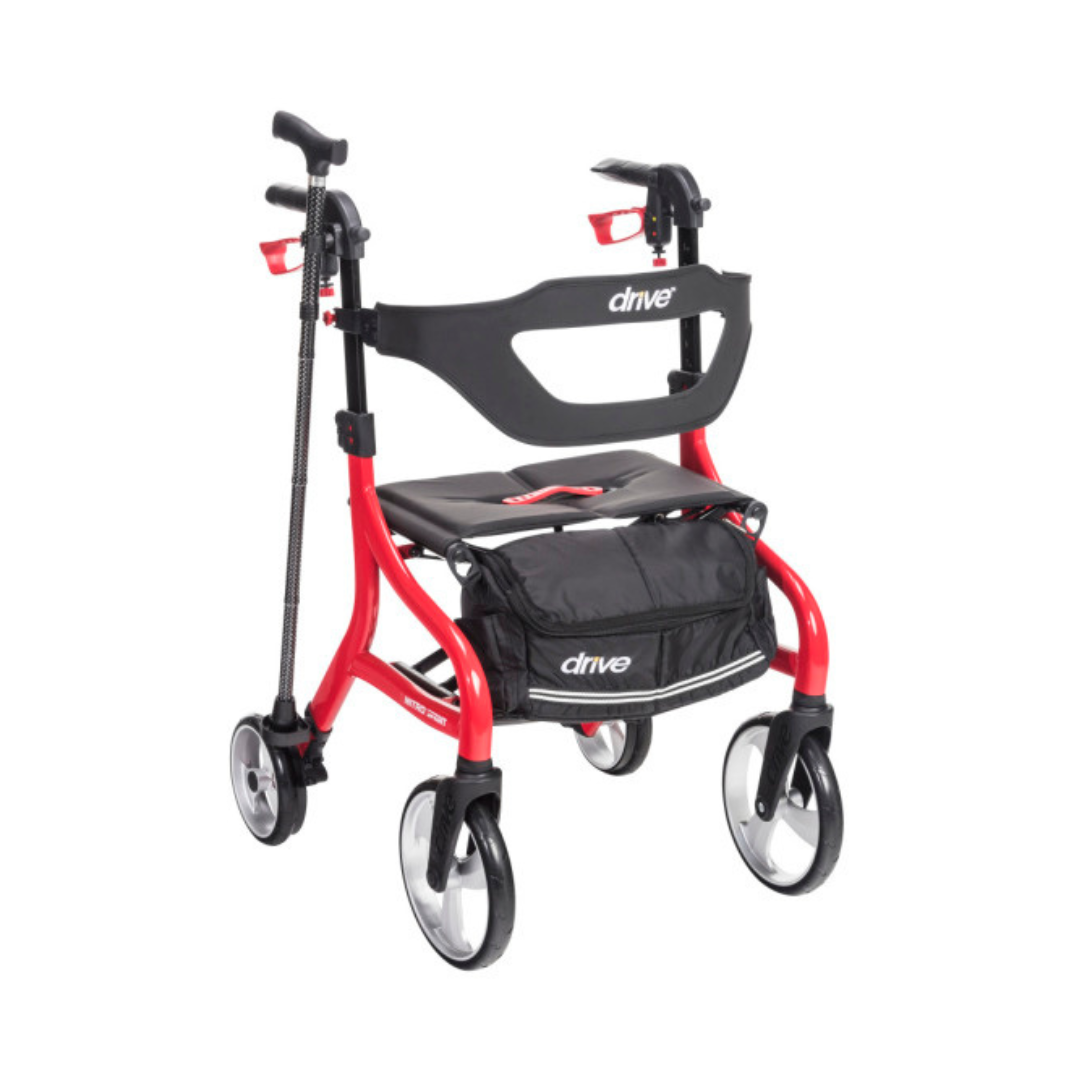 Drive Medical red rollator walker with black seat bag and Nitro Sprint Cane Holder attached