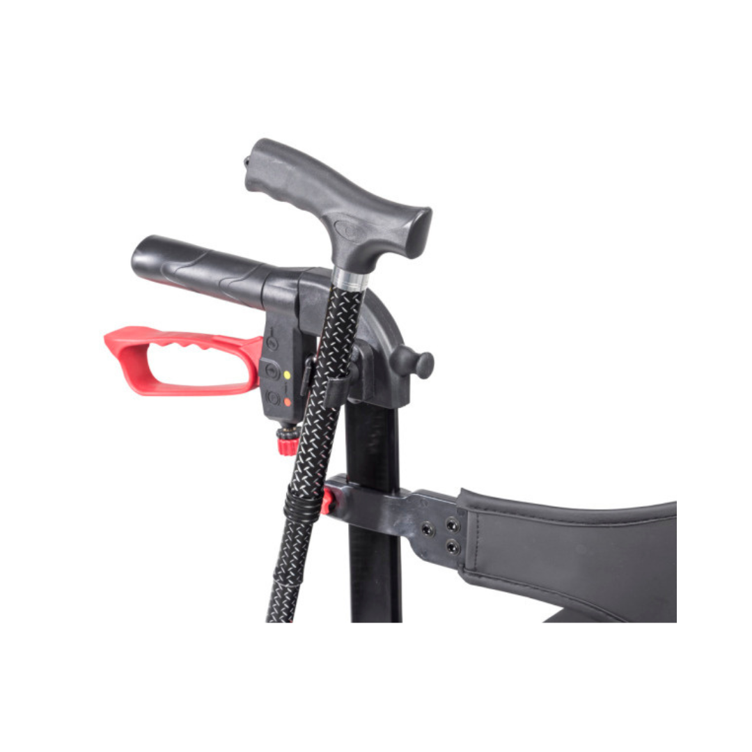 Drive Medical Nitro Sprint Cane Holder attached to a rollator frame holding a black cane