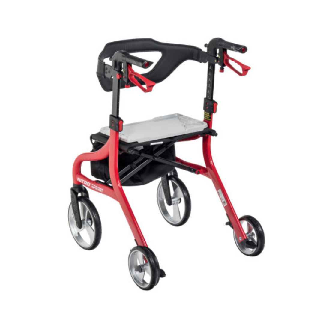 Drive Medical Nitro Sprint Rollator Tray shown attached to red lightweight rollator walker with four wheels