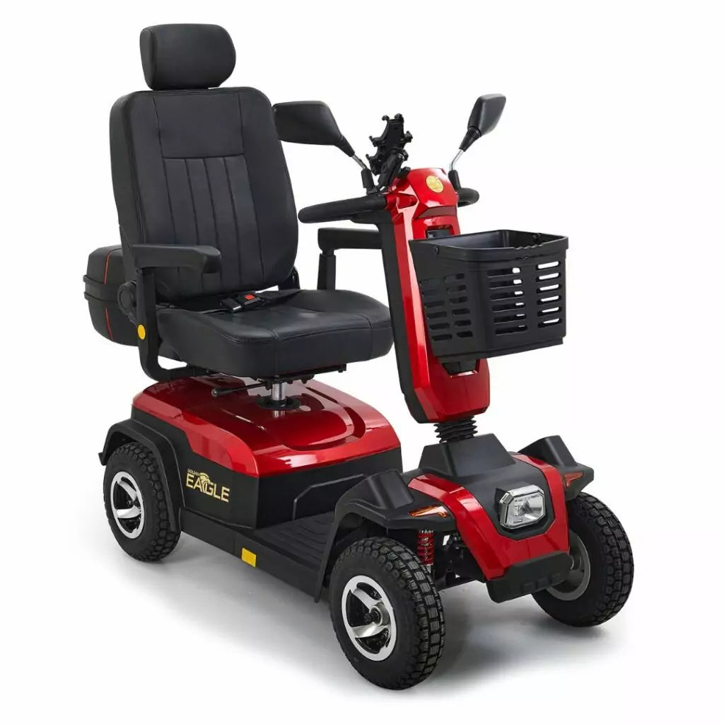 GOLDEN TECHNOLOGIES Eagle 4 Wheel Mobility Scooter in red with comfortable seat and storage basket