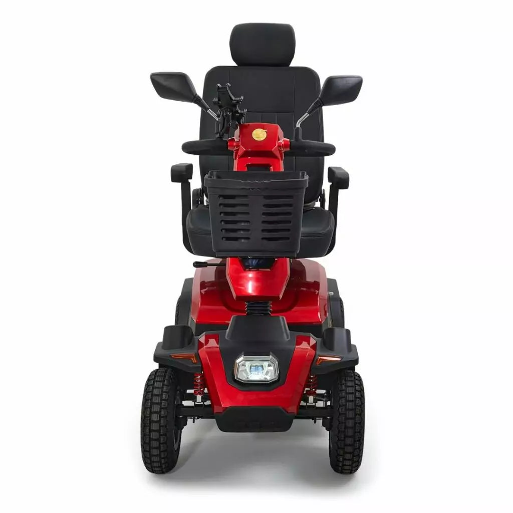 Front view of the Eagle 4 Wheel Mobility Scooter in red with comfortable seating and storage basket