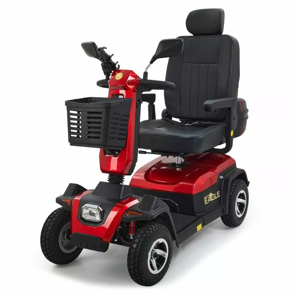 Eagle 4 Wheel Mobility Scooter in red with comfortable seat and storage basket for easy travel