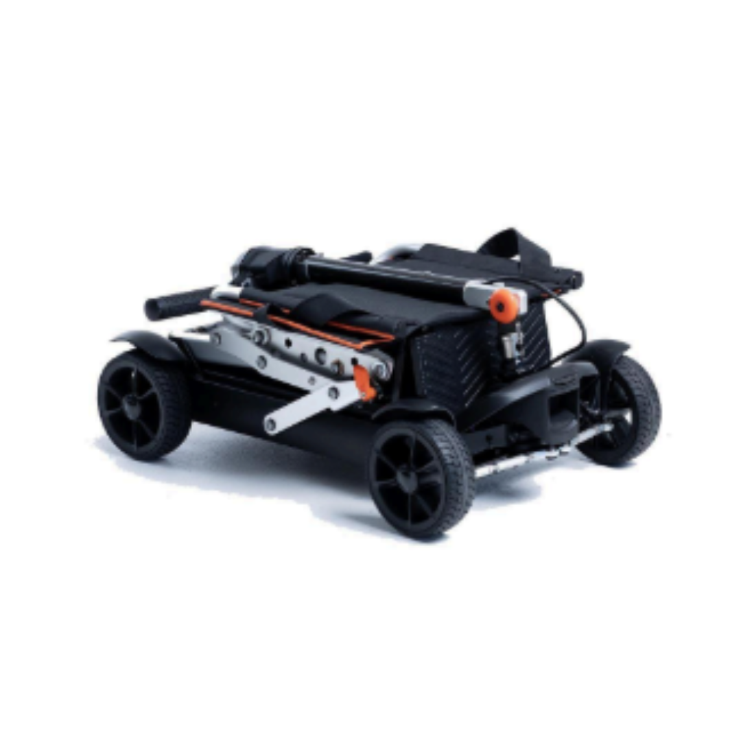 Feather 27X Scooter compactly folded for easy storage and transport with sleek black design