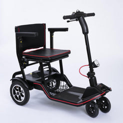 Feather Scooter black mobility scooter with cushioned seat and handlebars for easy transport
