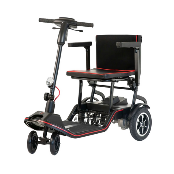 Feather Scooter mobility scooter with black seat, red accents, and three wheels for easy transport
