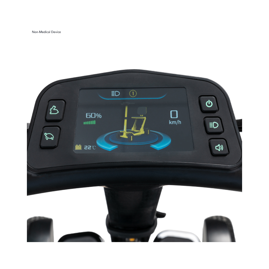 Control panel of Go Go Carbon Travel Mobility Scooter with speed and battery display