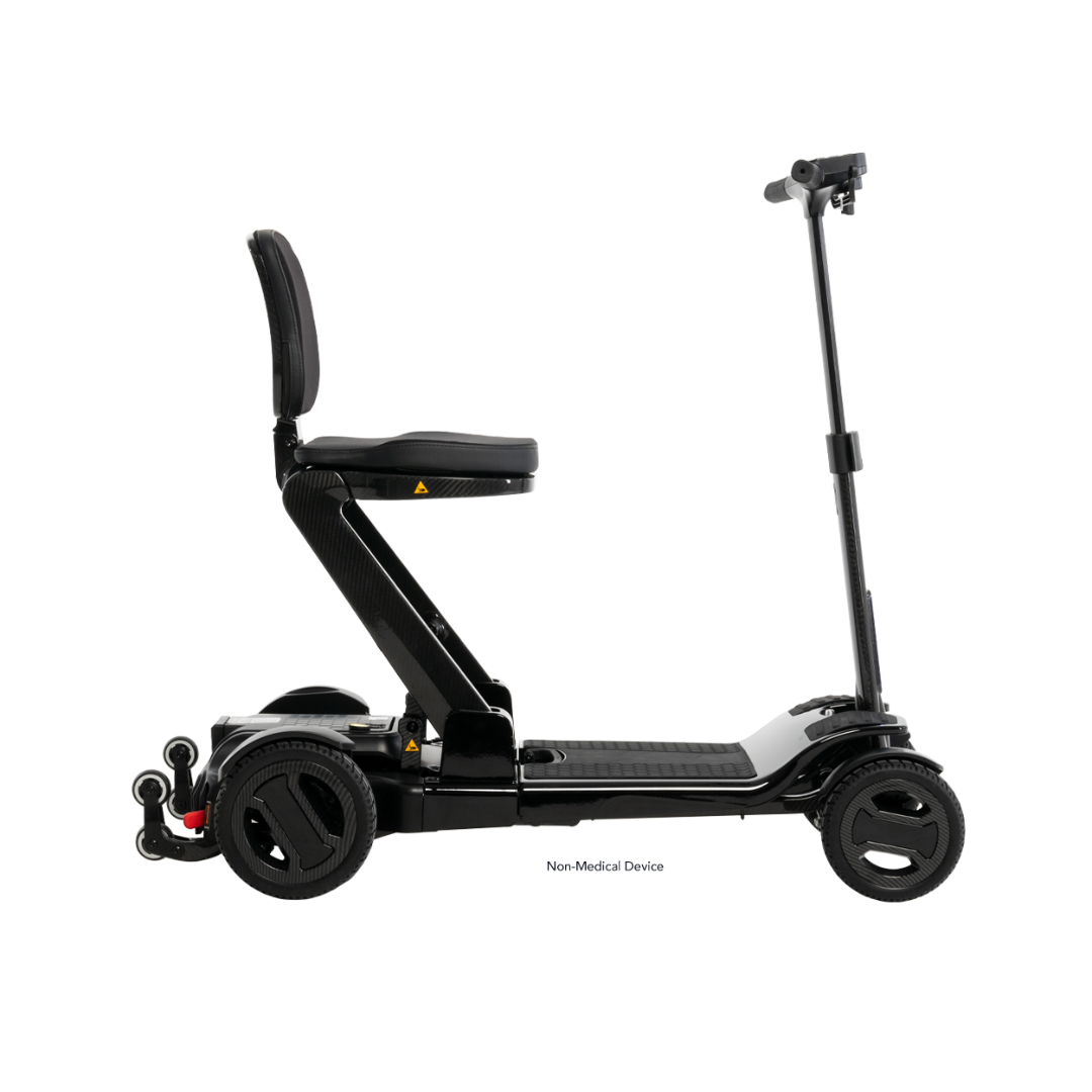 Go Go Carbon Travel Mobility Scooter in black with lightweight design and adjustable seat