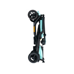 Folded Go Go Super Portable Mobility Scooters in teal and black for easy transport and storage