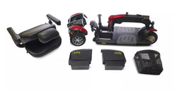 Buzzaround LX Luxury 3 Wheel Mobility Scooter disassembled with removable seat and storage baskets