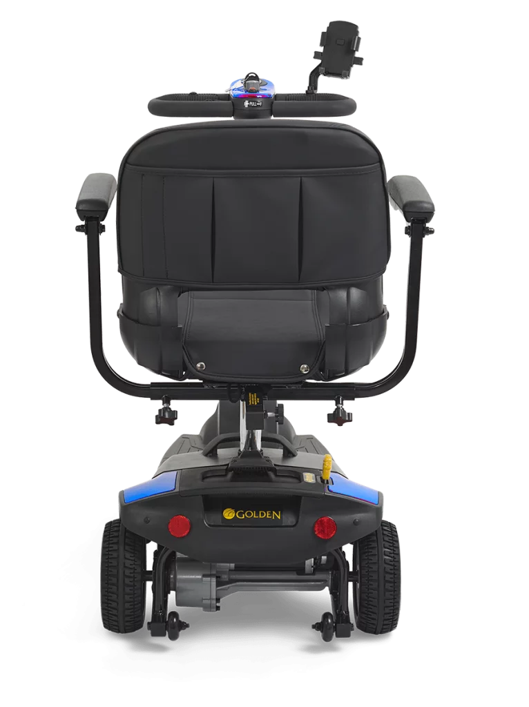 Rear view of the Buzzaround XL 3 Wheel Mobility Scooter with comfortable black seating and ergonomic controls