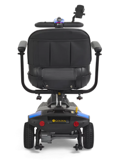 Rear view of the Buzzaround XL 3 Wheel Mobility Scooter with comfortable black seating and ergonomic controls