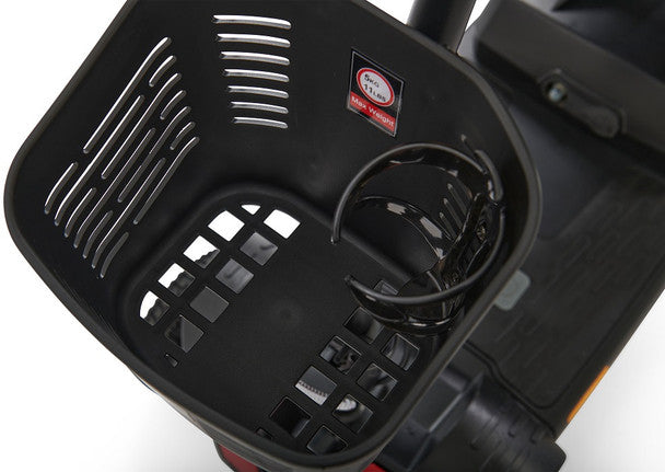 Storage basket of the Buzzaround XL 3 Wheel Mobility Scooter with a spacious design and secure ring holder