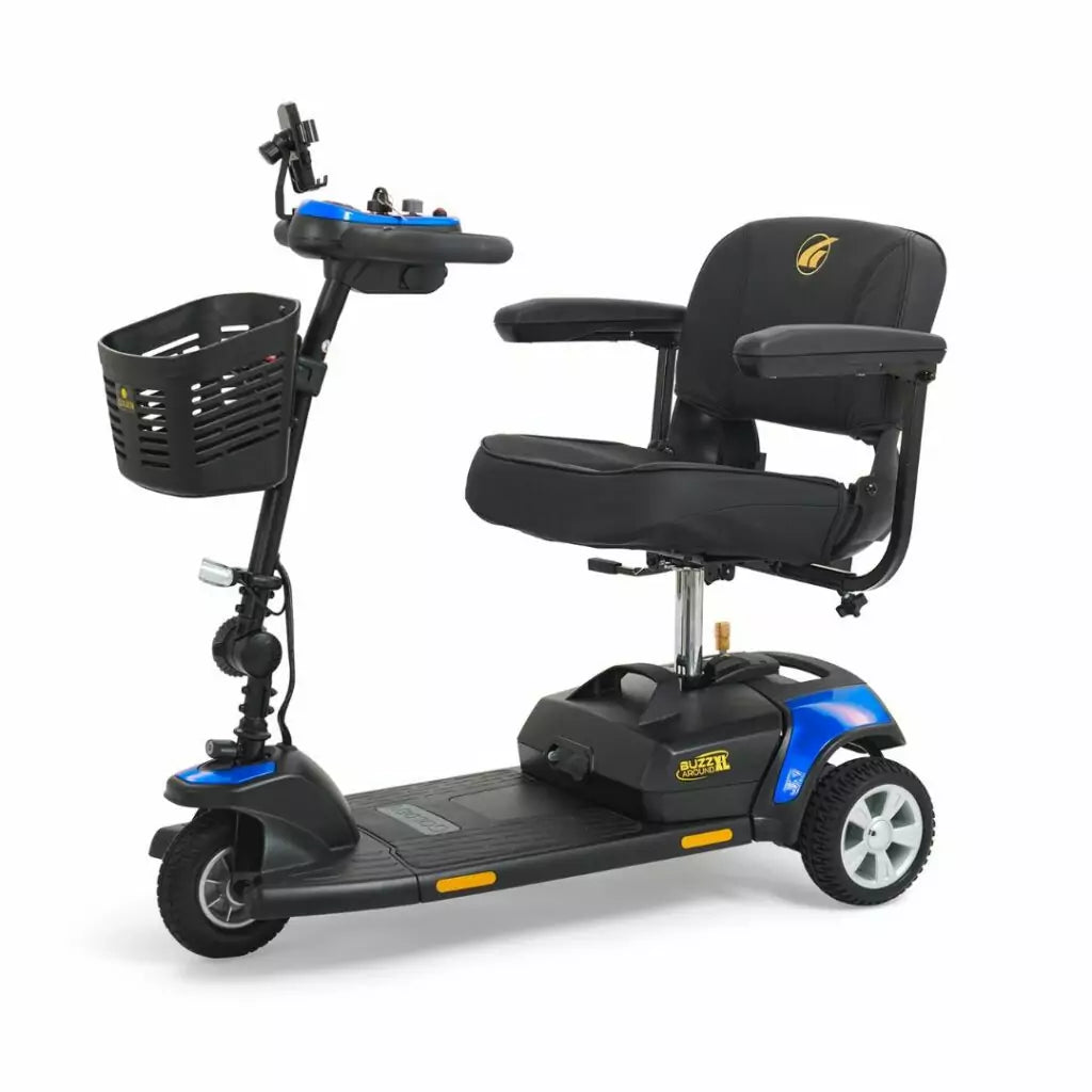 Buzzaround XL 3 Wheel Mobility Scooter in blue with comfortable seating and front basket
