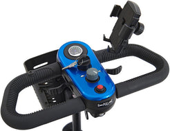 Buzzaround XL 3 Wheel Mobility Scooter control panel with key ignition and phone holder
