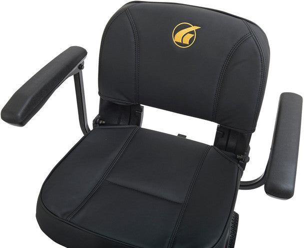 Black seat of the Buzzaround XL 3 Wheel Mobility Scooter with comfortable padding and armrests