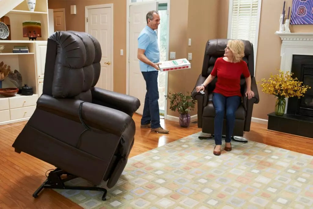 GOLDEN TECHNOLOGIES Cloud Power Lift Chair Recliner PR510-MLA in brown assisting a woman