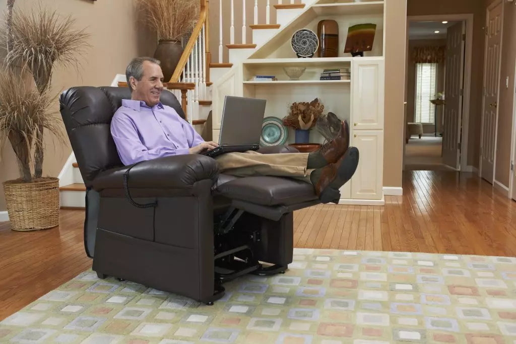 Golden Technologies Cloud Power Lift Chair Recliner PR510-SME in brown with extended footrest and user