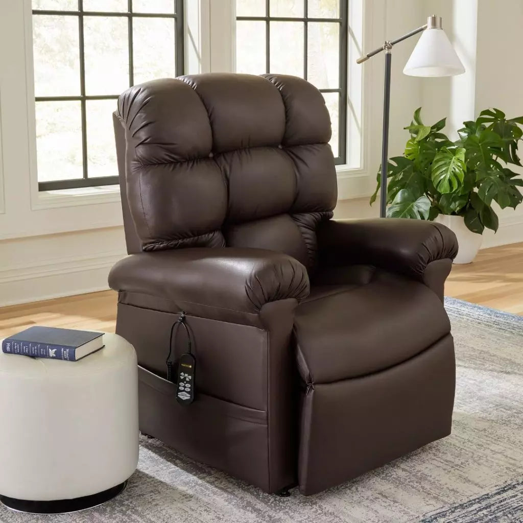 GOLDEN TECHNOLOGIES Cloud with Twilight Power Lift Recliner PR515 in brown fabric, side view in living room