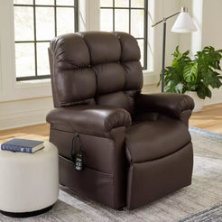 GOLDEN TECHNOLOGIES Cloud with Twilight Power Lift Recliner PR515 in brown fabric, side view in living room