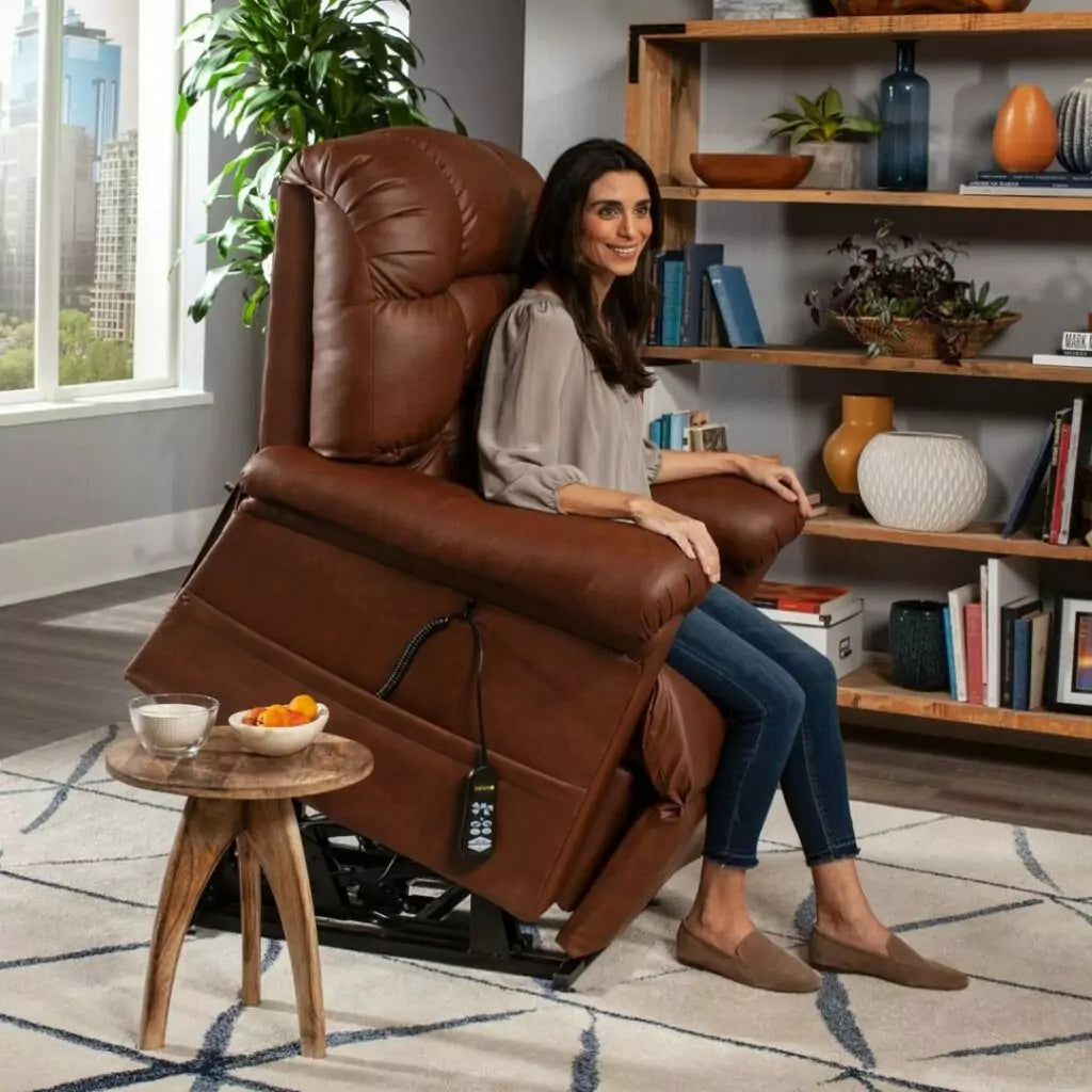 Golden Technologies Cloud with Twilight Power Lift Recliner PR515 in brown, angled view with a woman seated