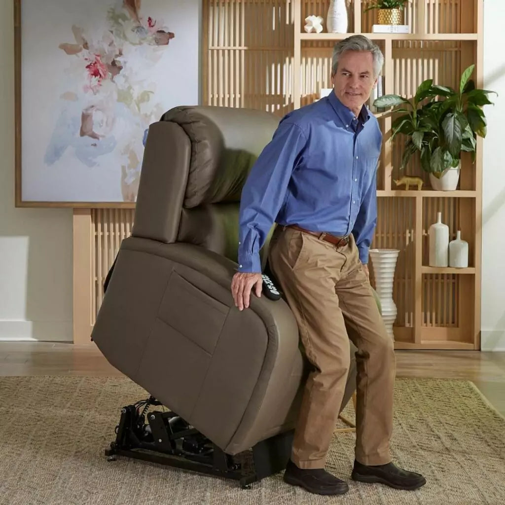 GOLDEN TECHNOLOGIES EZ Sleeper with Twilight Lift Recliner PR761-MLA in brown, demonstrating lift function