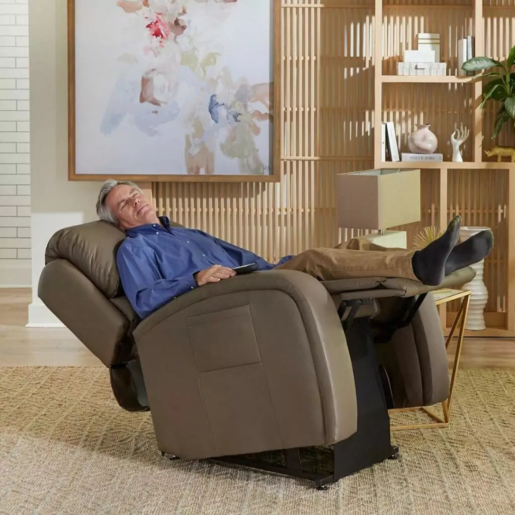 GOLDEN TECHNOLOGIES EZ Sleeper with Twilight Lift Recliner PR761-MLA in brown with a man reclining comfortably