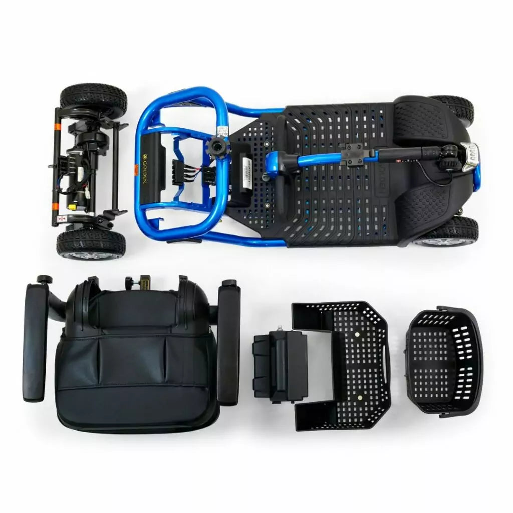 GOLDEN TECHNOLOGIES LiteRider 4 Wheel Mobility Scooter disassembled for easy transport
