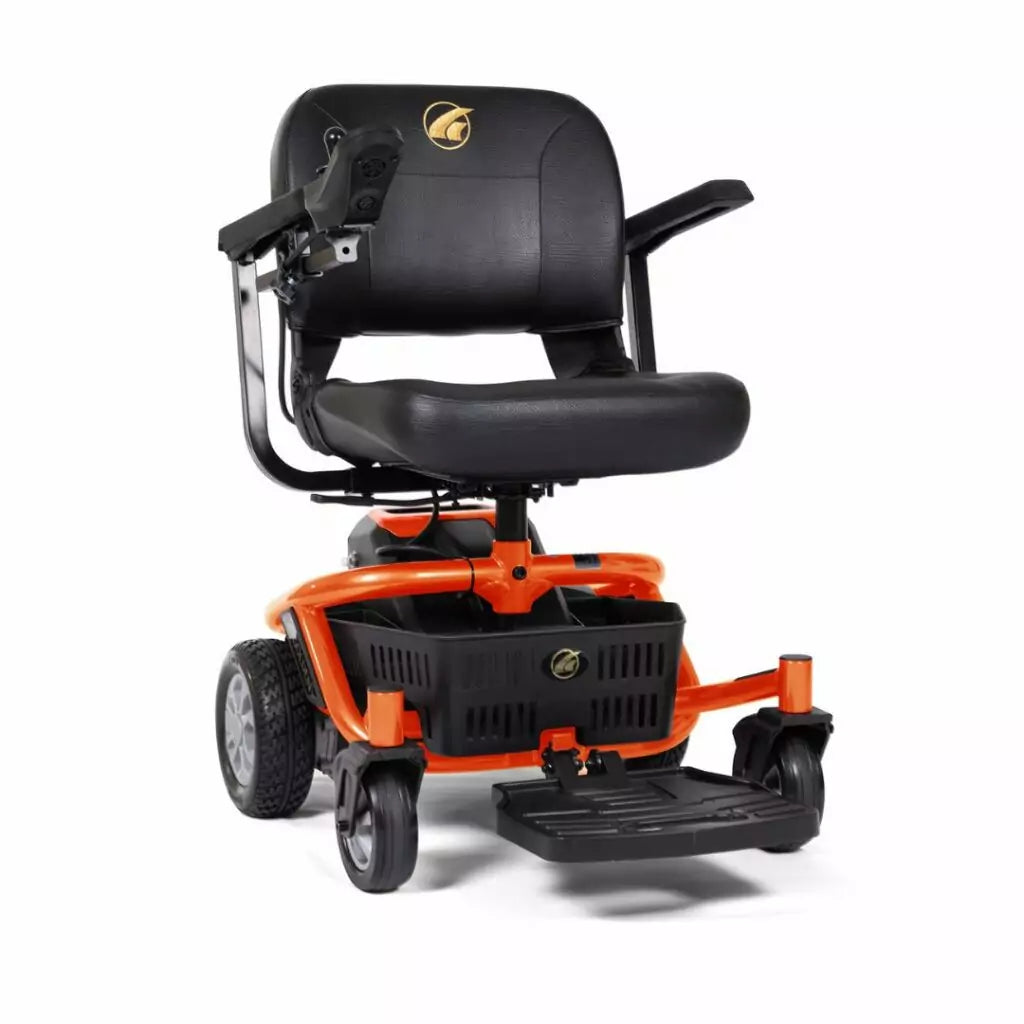 Golden Technologies LiteRider Envy power wheelchair in black and orange, front view