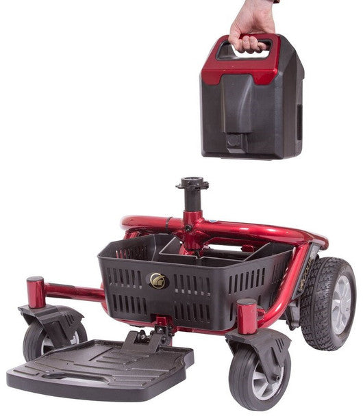 Golden Technologies LiteRider Envy red scooter being lifted for easy storage