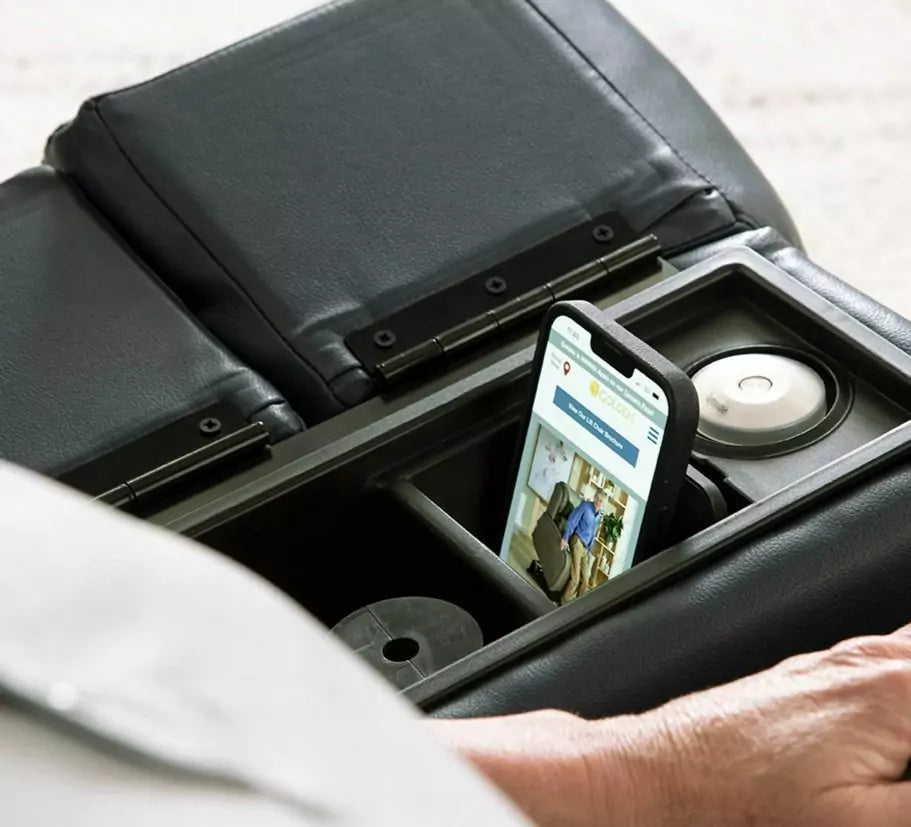 GOLDEN TECHNOLOGIES Regal Power Lift Recliner PR504 in black with convenient storage and mobile phone holder