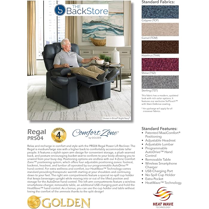 Golden Technologies Regal Power Lift Recliner PR504 in blue with comfort features