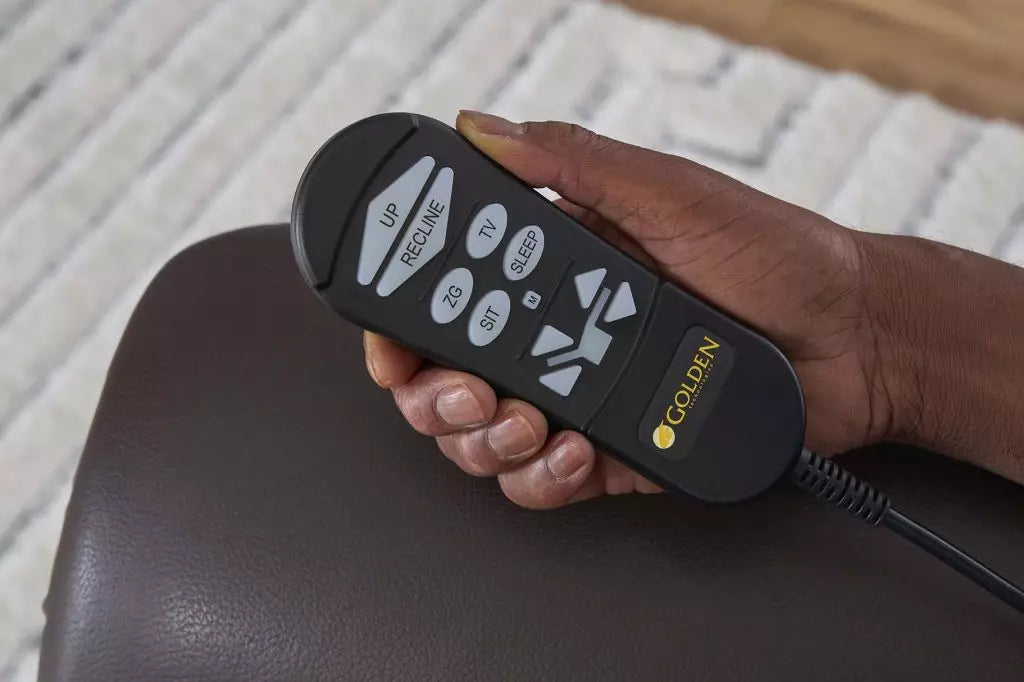 Golden Technologies Relaxer power lift chair recliner PR766 remote control in hand