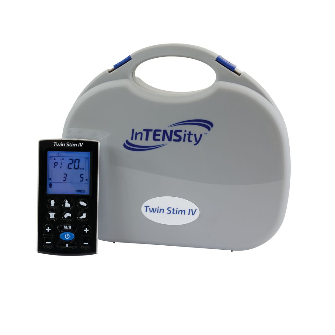 Compass Health Brands InTENSity Twin Stim IV Tens Unit with handheld controller and gray carrying case