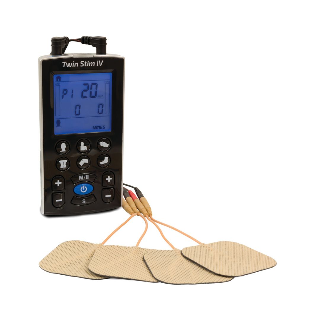 InTENSity Twin Stim IV Tens Unit with digital LCD, control buttons and four adhesive electrode pads