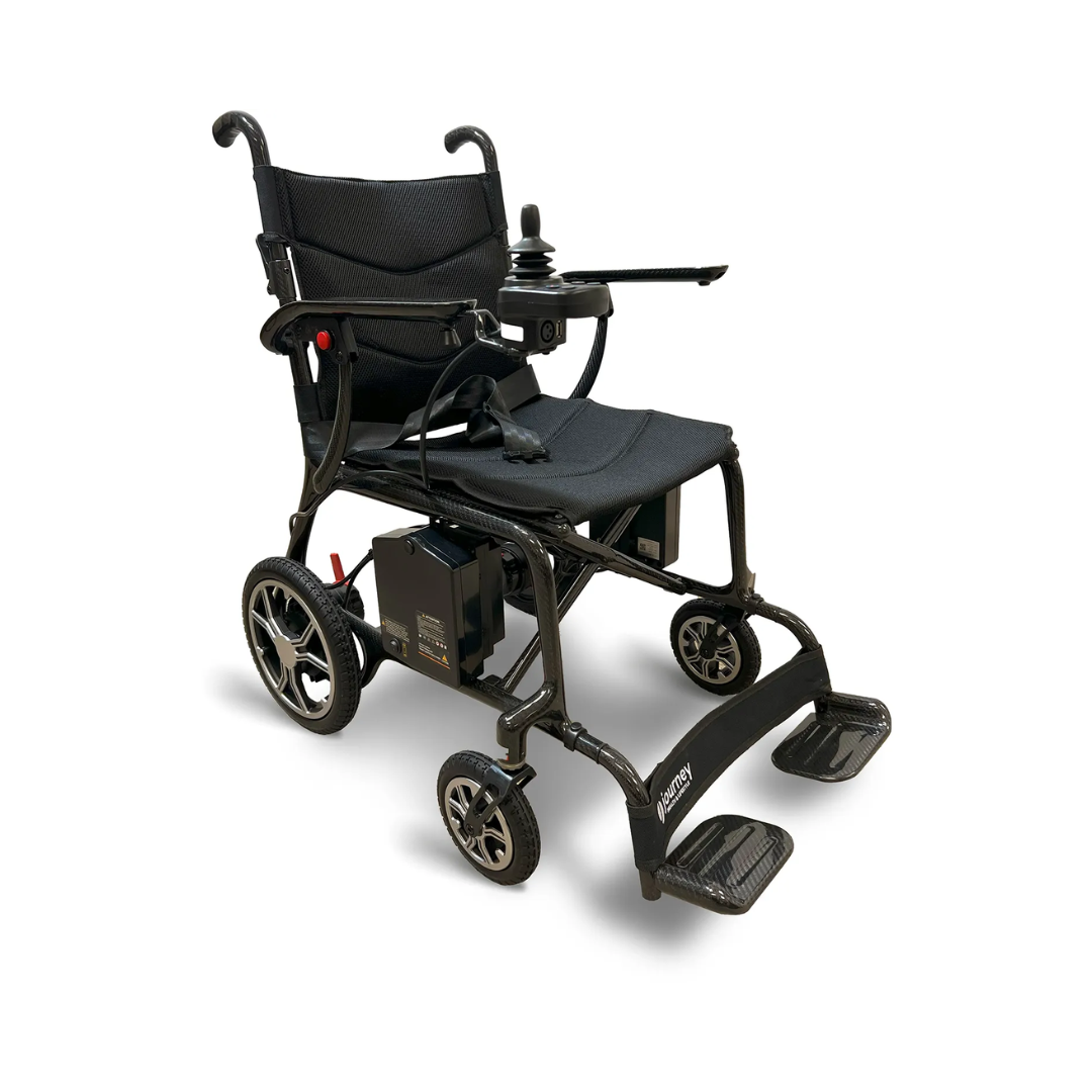 Journey Air Elite Carbon Fiber Folding Power Chair in black with joystick control