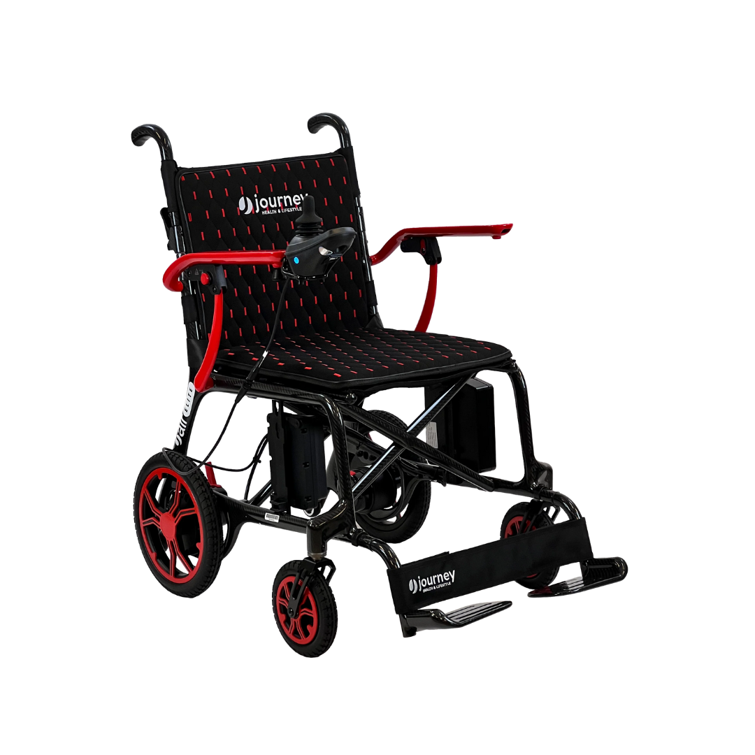 Journey Air Elite Carbon Fiber Folding Power Chair in black with wheels and handles