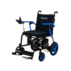 Journey Air Elite Carbon Fiber Folding Power Chair in black and blue, side view