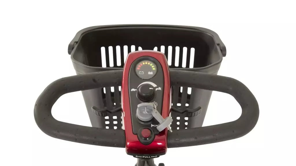 LiteRider 3 Wheel Mobility Scooter handlebar with control panel and storage basket