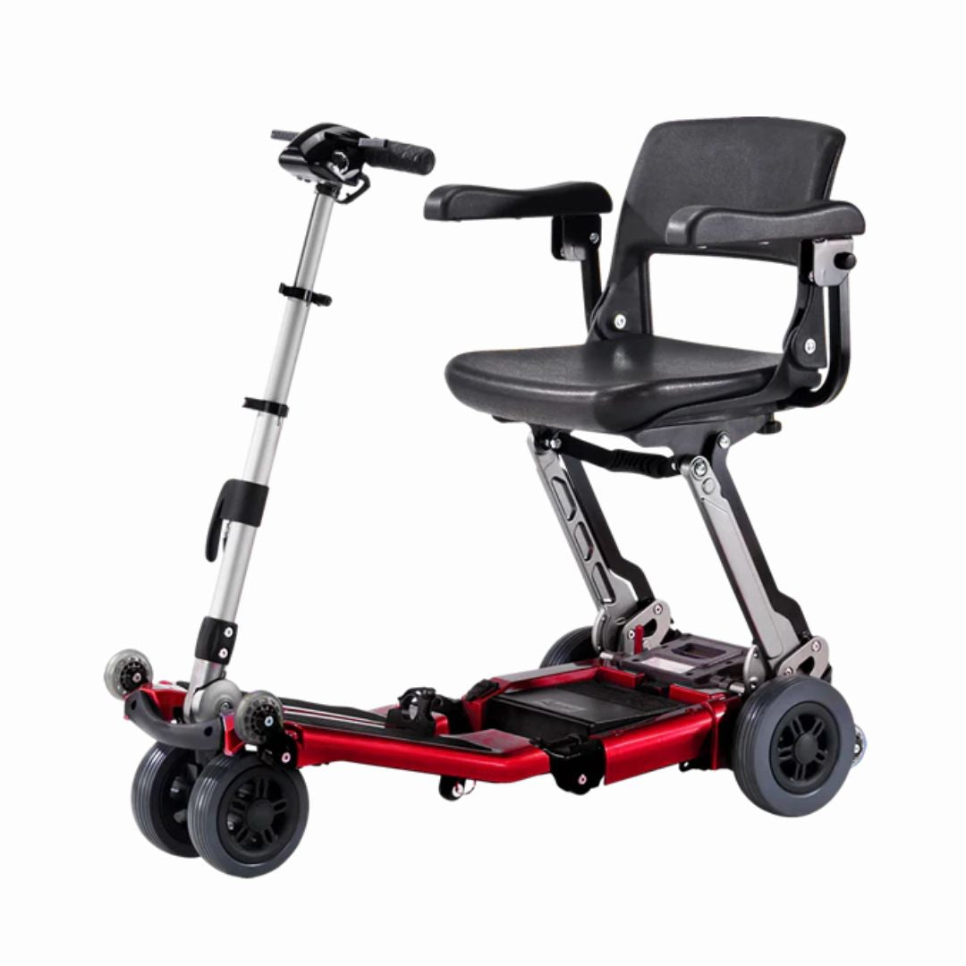 Luggie Elite Foldable Mobility Scooter in red and black, compact and lightweight for easy transport