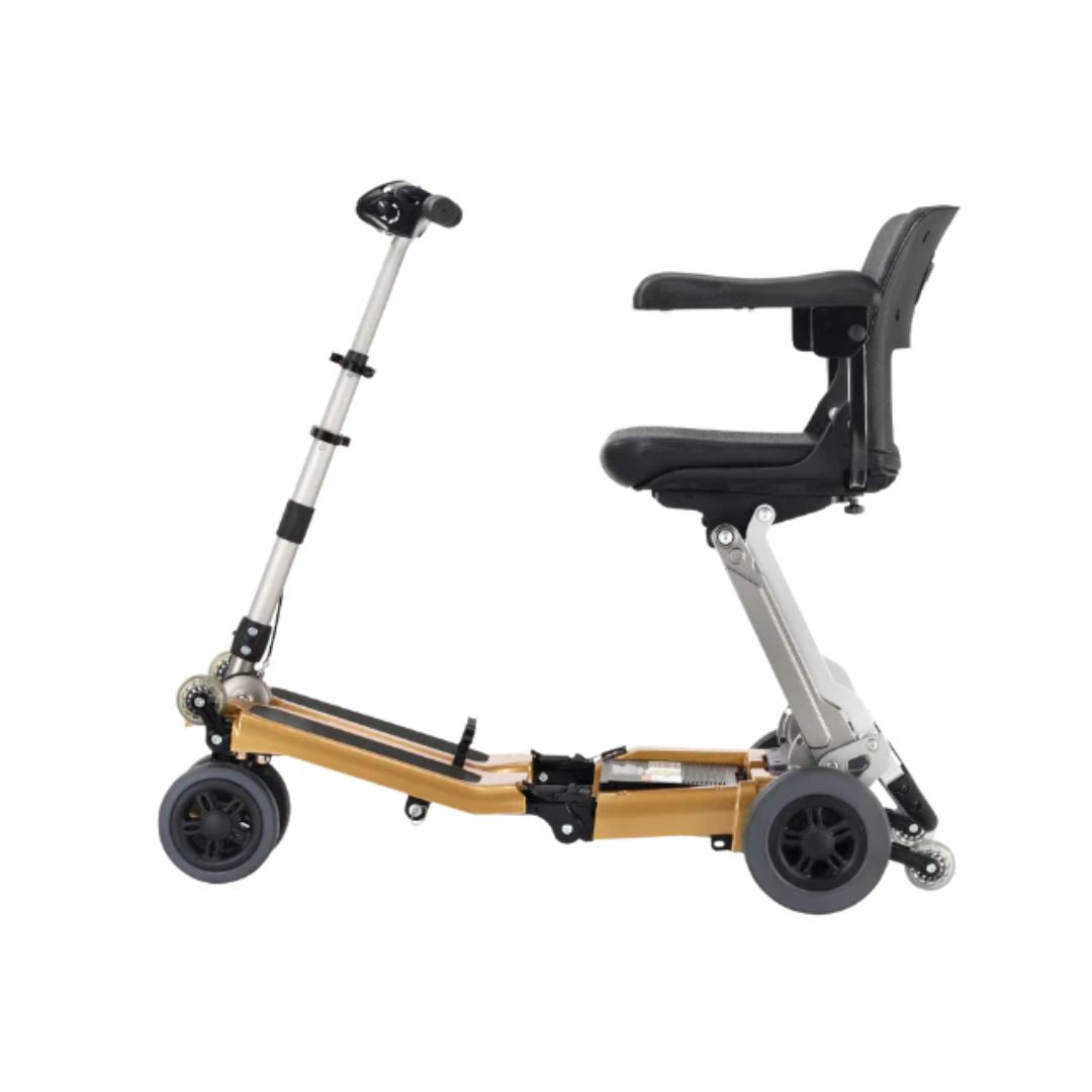 Luggie Golden Elite Travel Mobility Scooter featuring a compact design and adjustable seat for easy transport